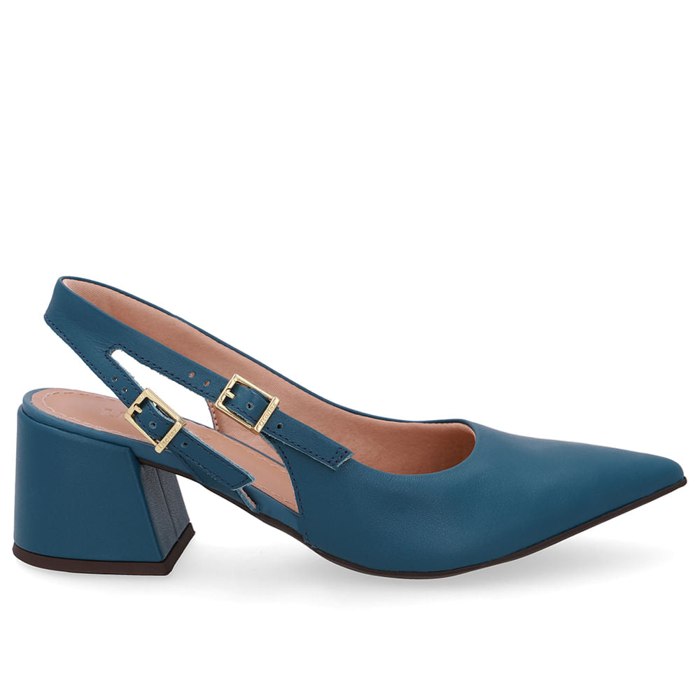 Slingback Salto Bloco Couro Tira Dupla Lateral