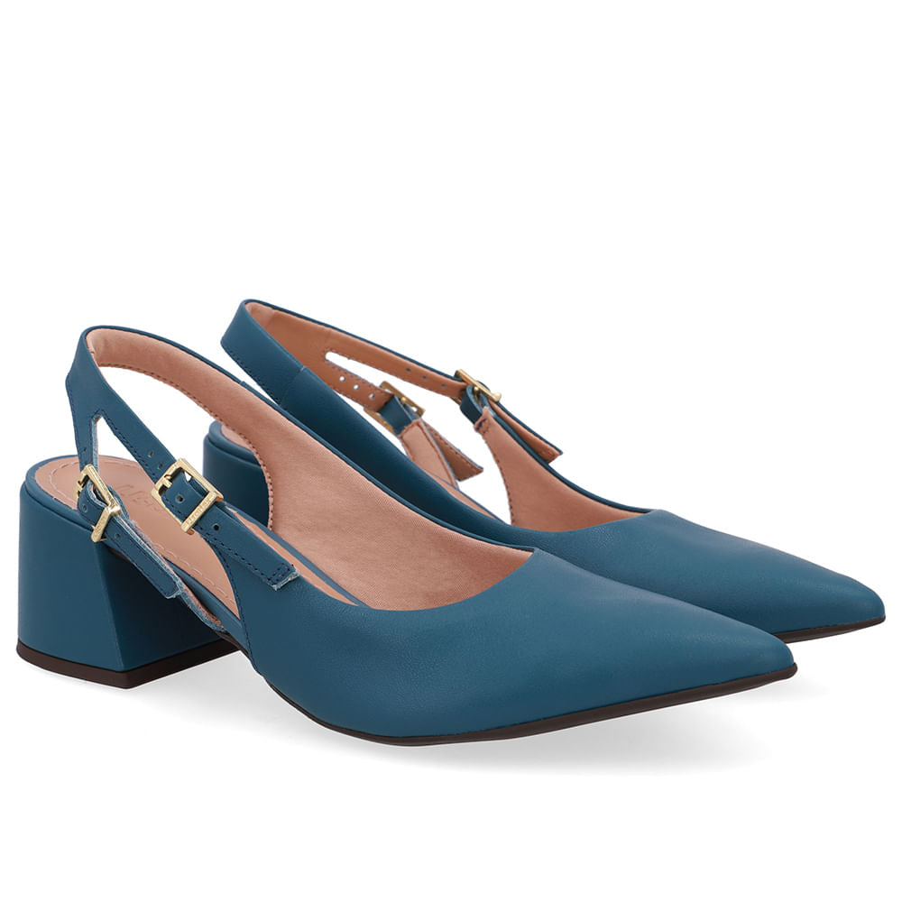 Slingback Salto Bloco Couro Tira Dupla Lateral