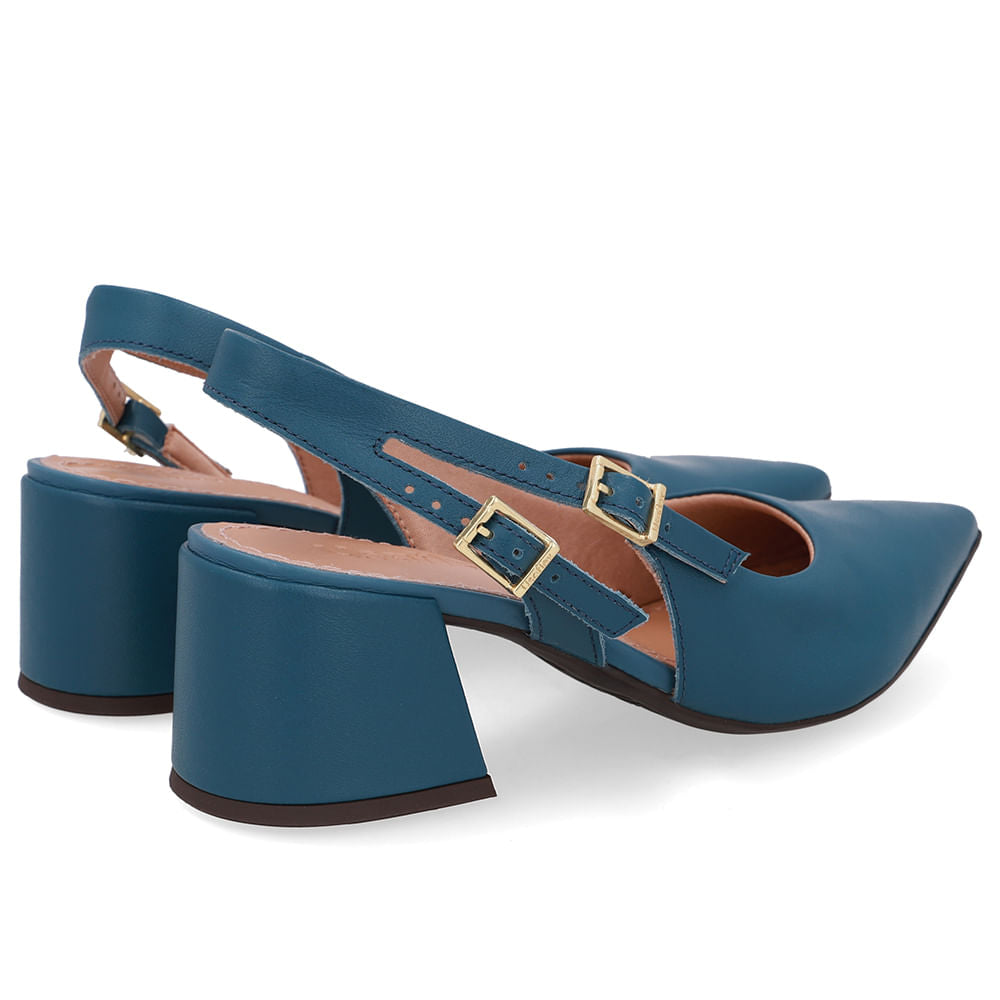 Slingback Salto Bloco Couro Tira Dupla Lateral