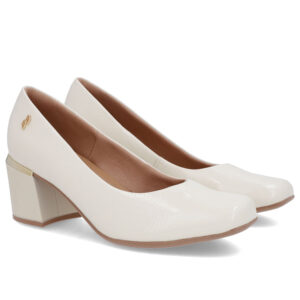 Scarpin Brranco Marfim Verniz Bico Quadrado Detalhe Salto