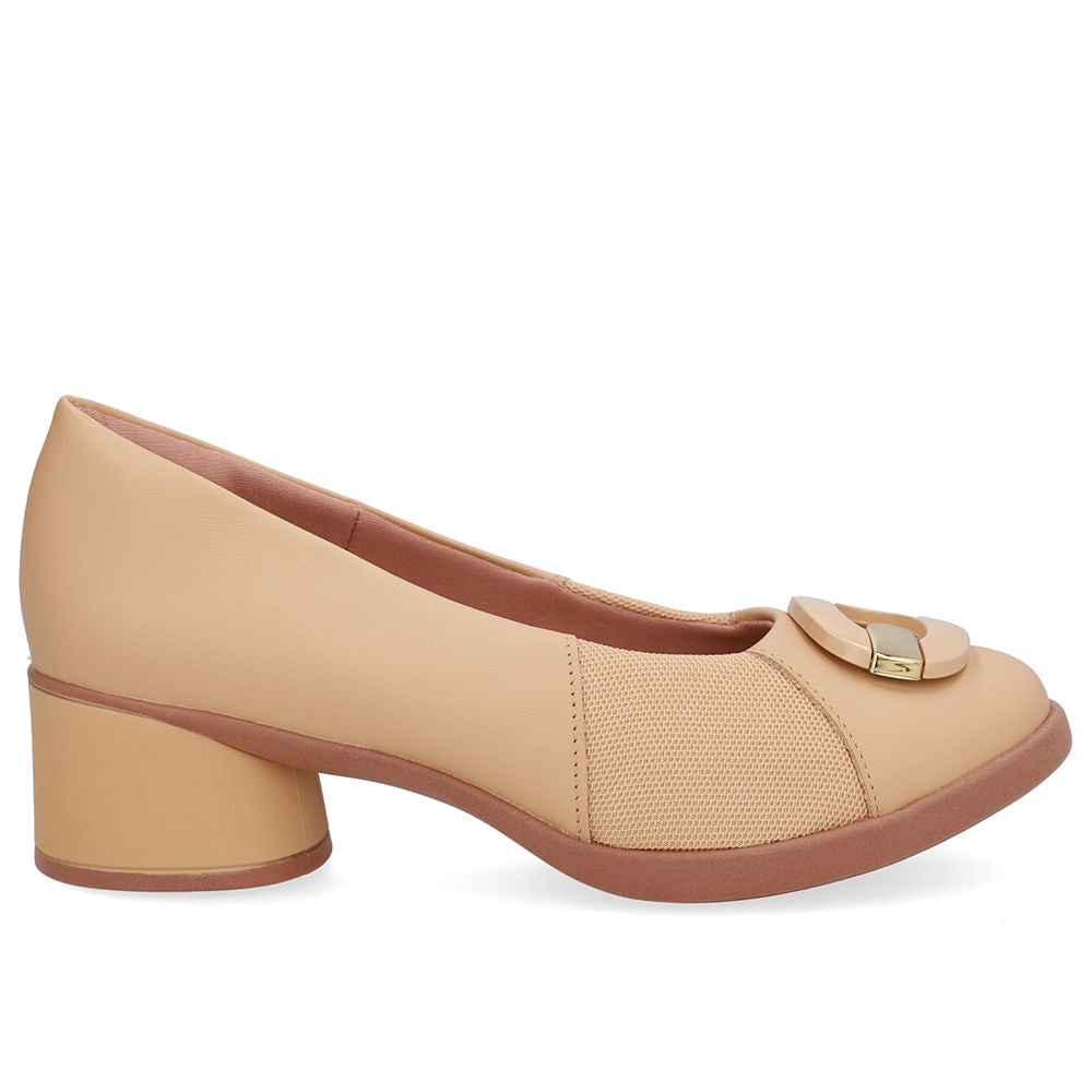 Scarpin Creme Couro Lateral Tecido Enfeite