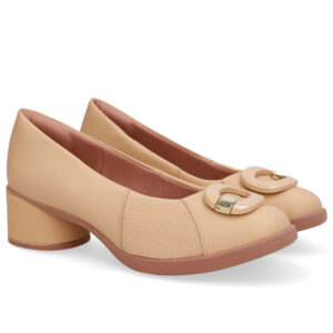 Scarpin Creme Couro Lateral Tecido Enfeite