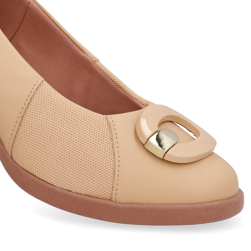 Scarpin Creme Couro Lateral Tecido Enfeite